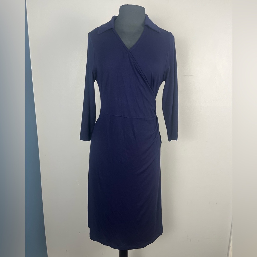 Seraphine navy purple wrap collar dress quarter length sleeves size 10